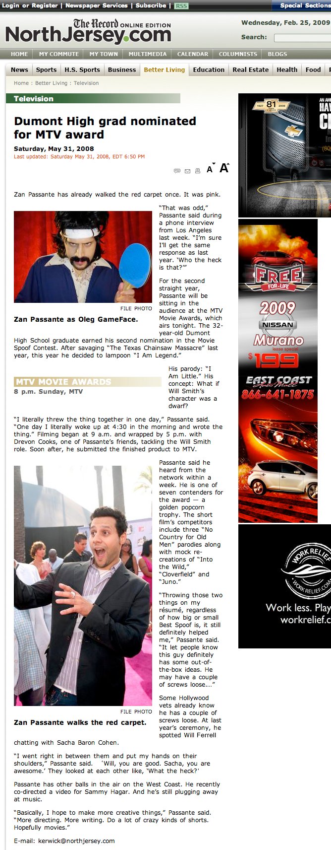 Newspaper article covering Zan Passante's 2008 MTV Movie Award nomination